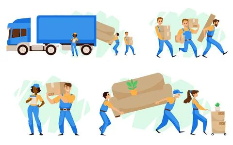 Move company vector illustration set. Movers in blue uniform unloading boxes and Stock Illustration