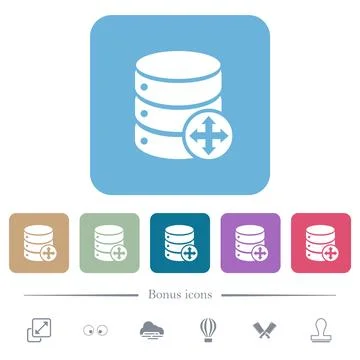 Move database flat icons on color rounded square backgrounds 库存插图