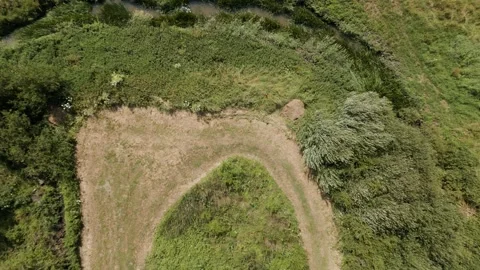 A move directly up from a field and grass blowing to reveal houses Stock Footage 296801888