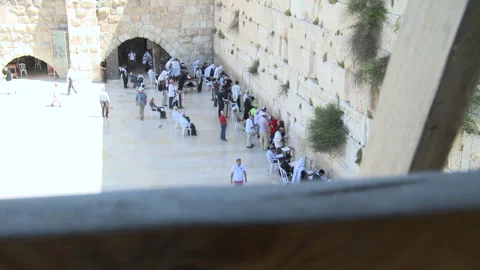 Move Down Between Wood Slots To View Jewish Men Praying At Western Temple Wall Stock Footage 238650770