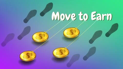 Move to Earn concept with inscription pulling golden dollar coins and footprints Stock Illustration
