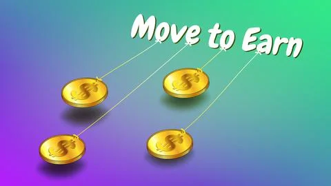 Move to Earn concept with inscription pulling gold dollar coins on colorful Stock Illustration