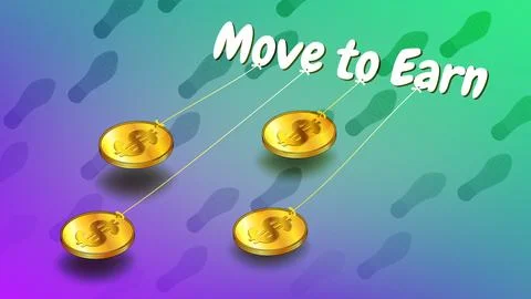 Move to Earn concept with slogan pulling gold dollar coins and footprints Stock Illustration