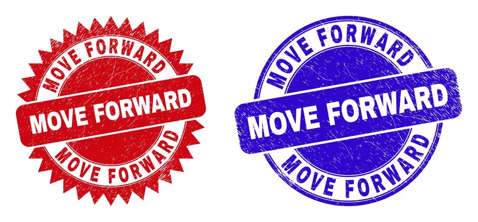 MOVE FORWARD Round and Rosette Stamps with Corroded Texture Stock Illustration
