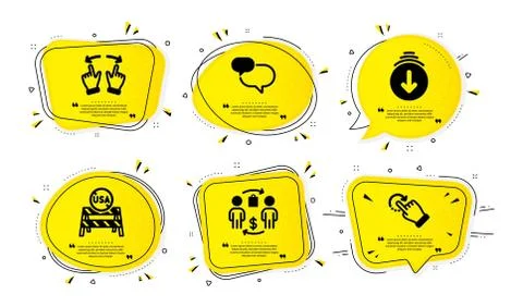 Move gesture, Chat message and Usa close borders icons set. Vector Stock Illustration