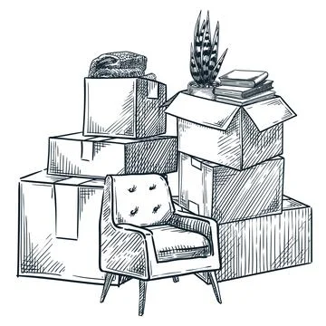 Move home, relocation concept. Cardboard boxes with thing. Vector hand draw.. Stock Illustration