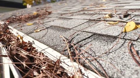 Move Left Over Clogged Gutters on Garage Stock Footage 68774511