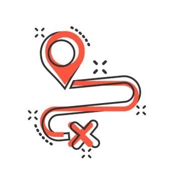Move location icon in comic style. Pin gps vector cartoon illustration on whi Illustrazione stock