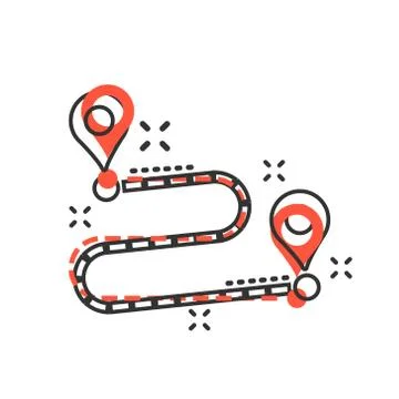 Move location icon in comic style. Pin gps vector cartoon illustration on whi Illustrazione stock