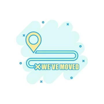 Move location icon in comic style. Pin gps vector cartoon illustration on whi Illustrazione stock