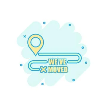 Move location icon in comic style. Pin gps vector cartoon illustration on whi Illustrazione stock