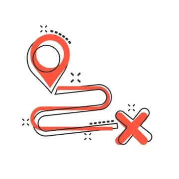 Move location icon in comic style. Pin gps vector cartoon illustration on whi Illustrazione stock