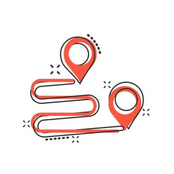 Move location icon in comic style. Pin gps vector cartoon illustration on whi Illustrazione stock