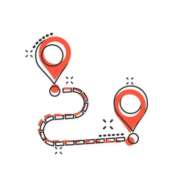 Move location icon in comic style. Pin gps vector cartoon illustration on whi Illustrazione stock
