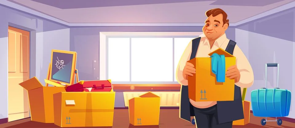 Move to new house, relocation. Man with boxes Stock Illustration
