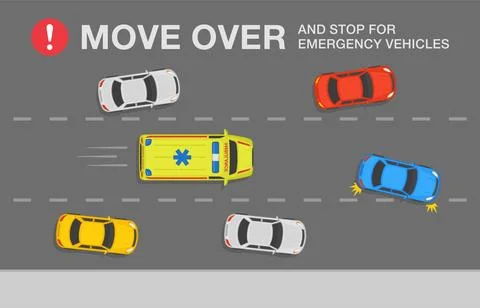 Move over and stop for emergency vehicles. Police, fire truck or ambulance. Illustrazione stock