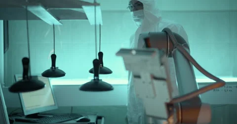 Move from scientists to equipment in laboratory Stock Footage 232908974