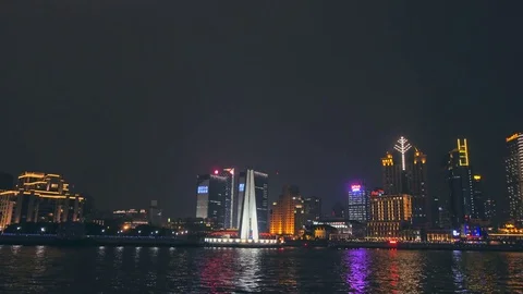 Move shooting view of Huangpu River and as Shanghai Skyline Stock Footage 76509480
