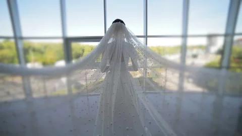 A move-in shot from behind the bride, standing in front of a large window Stock Footage 321963646