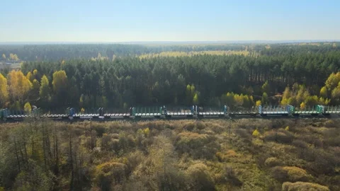 Move together chase the freight train ride through vibrant autumn landscape Stock Footage 306300667