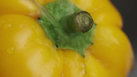 Move an Yellow Bell Pepper under a Sink Faucet Stream of Water to Wash it from Stock Footage 273130757