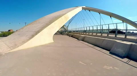 Movement acros the cable-stayed concrete bridge in a sunny day 스톡 동영상 49057876