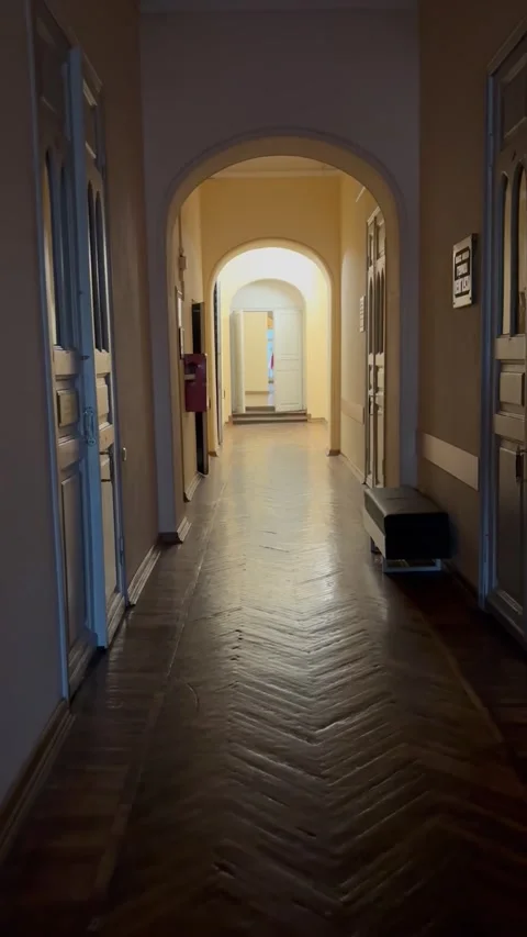 Movement along the corridor. School and classroom. Old building with high ceilin Stock Footage 303559646