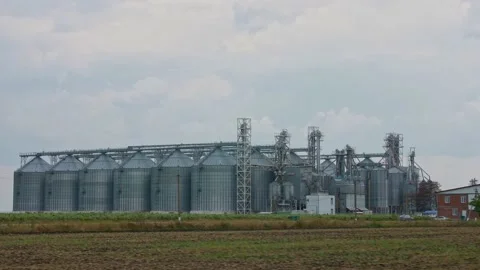 Movement along the elevator behind the sunflower field Video stock 132186469