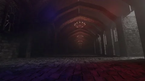 Movement along the endless corridor of an ancient castle with a red-violet glow. Video stock 175924270