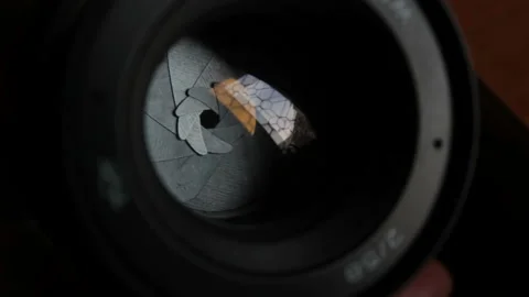 A movement of the aperture flaps on the camera lens. Aperture photo lens close Stock Footage 139917783