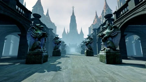 Movement on architectural square with standing sculptures Stock Footage 245290062