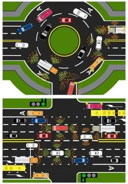 Movement of autonomous smart machines. Scanning roads, interaction. Automatic Stock Illustration