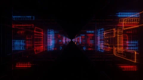 Movement between blinking red and blue light cubic abstract frames. looping abst Stock Footage 258273729