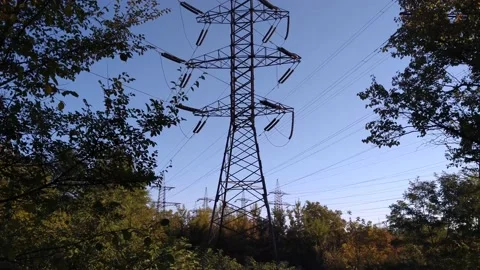 Movement between trees to electricity pylon under the blue sky.  B roll. Stock Footage 161942627