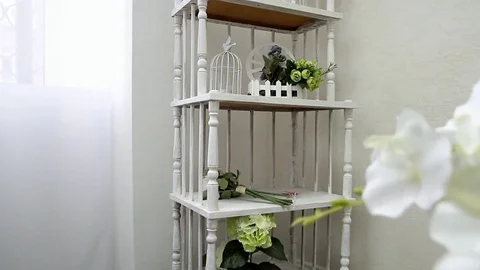 Movement of the camera at a white bookcase with small objects of decoration Stock Footage 99934815