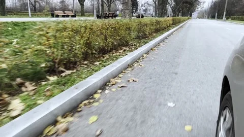 The movement of the car on the road, the camera is focused on the roadside .. Video stock 223348323