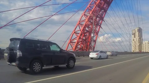 Movement of cars through cable-stayed bridge timelapse 스톡 동영상 79809490