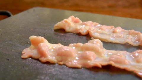 Movement of the chamber along two pieces of bacon Stock Footage 104408742