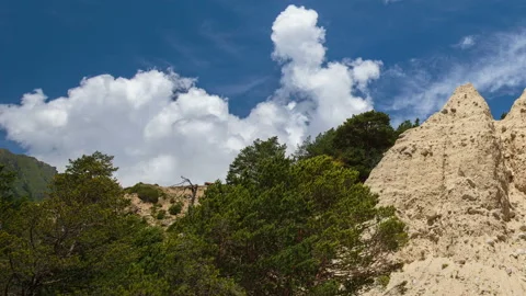 Movement of clouds and water flows in a stormy river in the Caucasus mountais Video stock 87297639