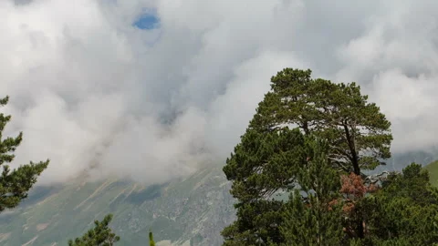 Movement of clouds and water flows in a stormy river in the Caucasus mountais Video stock 87344882