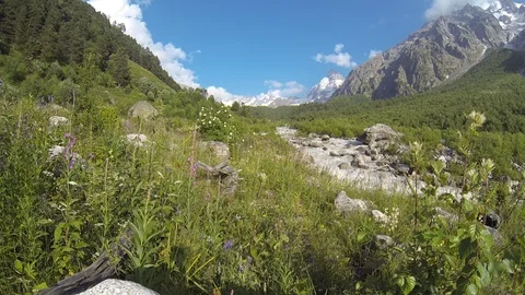 Movement of clouds and water flows in a stormy river in the Caucasus mountains Video stock 87535946