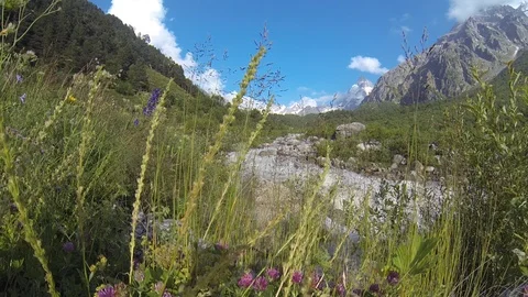 Movement of clouds and water flows in a stormy river in the Caucasus mountains Stock Footage 87535973