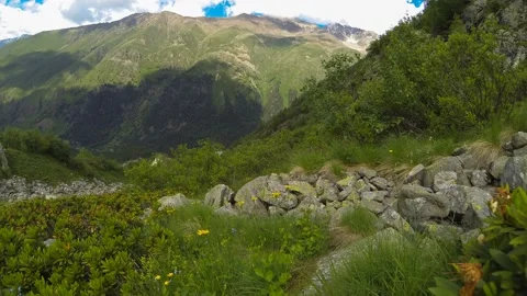 Movement of clouds and water flows in a stormy river in the Caucasus mountains Stock Footage 87615992