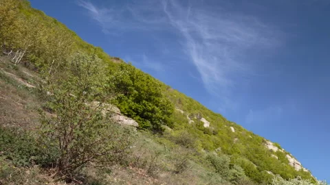 Movement of clouds and water flows in a stormy river in the Caucasus mountains Stock Footage 89842124