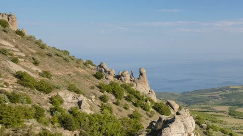 Movement of clouds and water flows in a stormy river in the Caucasus mountains Stock Footage 89842430