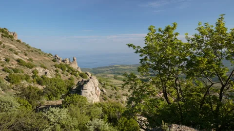 Movement of clouds and water flows in a stormy river in the Caucasus mountains Stock Footage 89843042