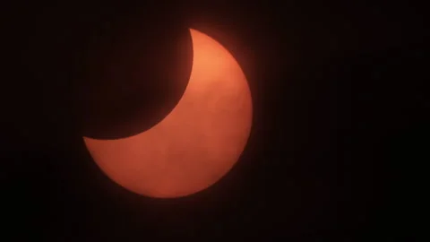 Movement of Clouds in Front of Sun During a Solar Eclipse. Moon Cast Shadows Stock Footage 257786049