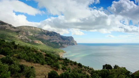 Movement of the clouds on the mountain bay Aya. Crimea, Russia (TimeLapse) Video stock 41831855