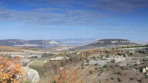 Movement of the clouds on the mountain. Cave city Eski-Kermen Stock Footage 12581815