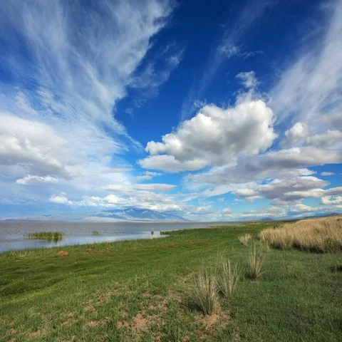 Movement of the clouds over the lake Khar-Us Nuur, Mongolia. Full HD. Stock Footage